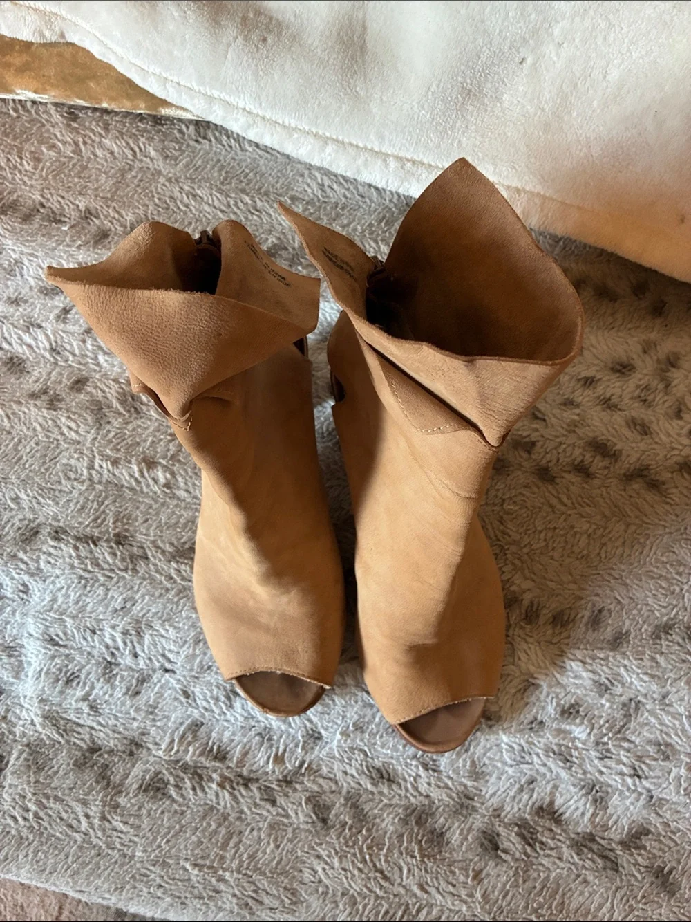 Free People Tan Suede Peep-Toe Stacked Heel Booties- Size 38